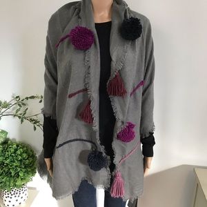 Grey Blanket Scarf with PomPoms and Tassels
